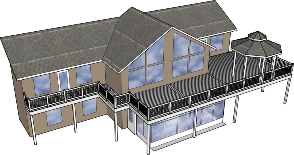 3D rendering of a two-level wraparound deck with an attached octagonal gazebo on an Ogden, Utah home