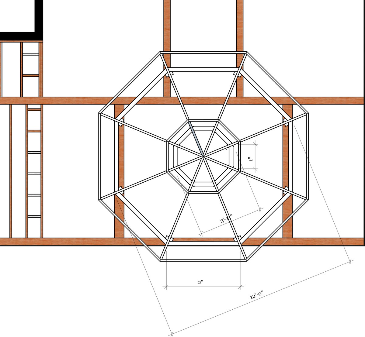 Framing plan for a 12 foot octagonal gazebo showing rafter layout and hub connection detail